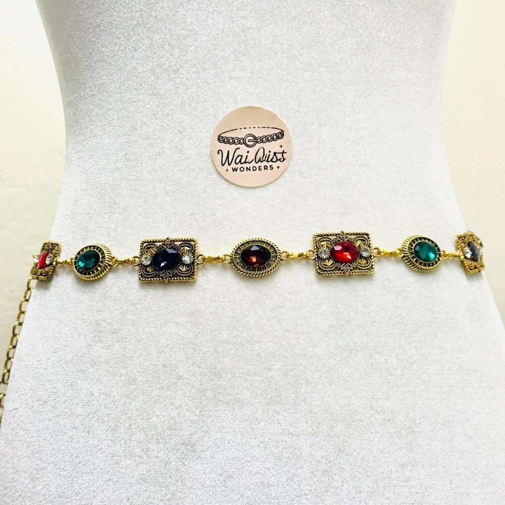 Multi-coloured gold tone waist chain belt with a touch of boho charm